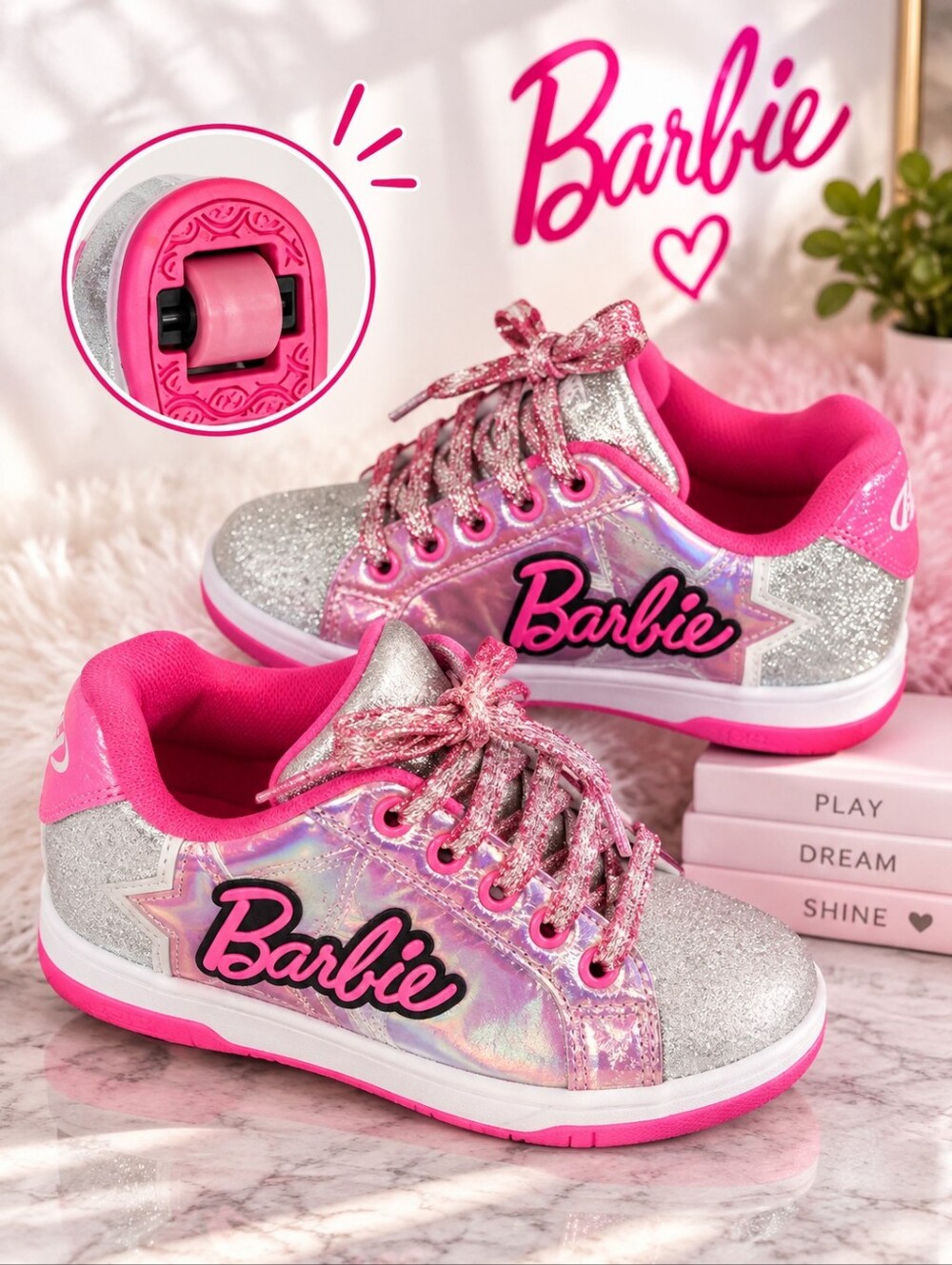 Barbie Heelys Youth Size 3 Glitter Pink Silver Wheeled Shoes Sneakers NWT